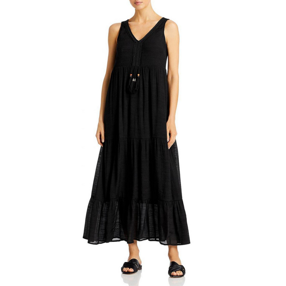 Single Thread Tiered Midi Dress Black Size L 2787